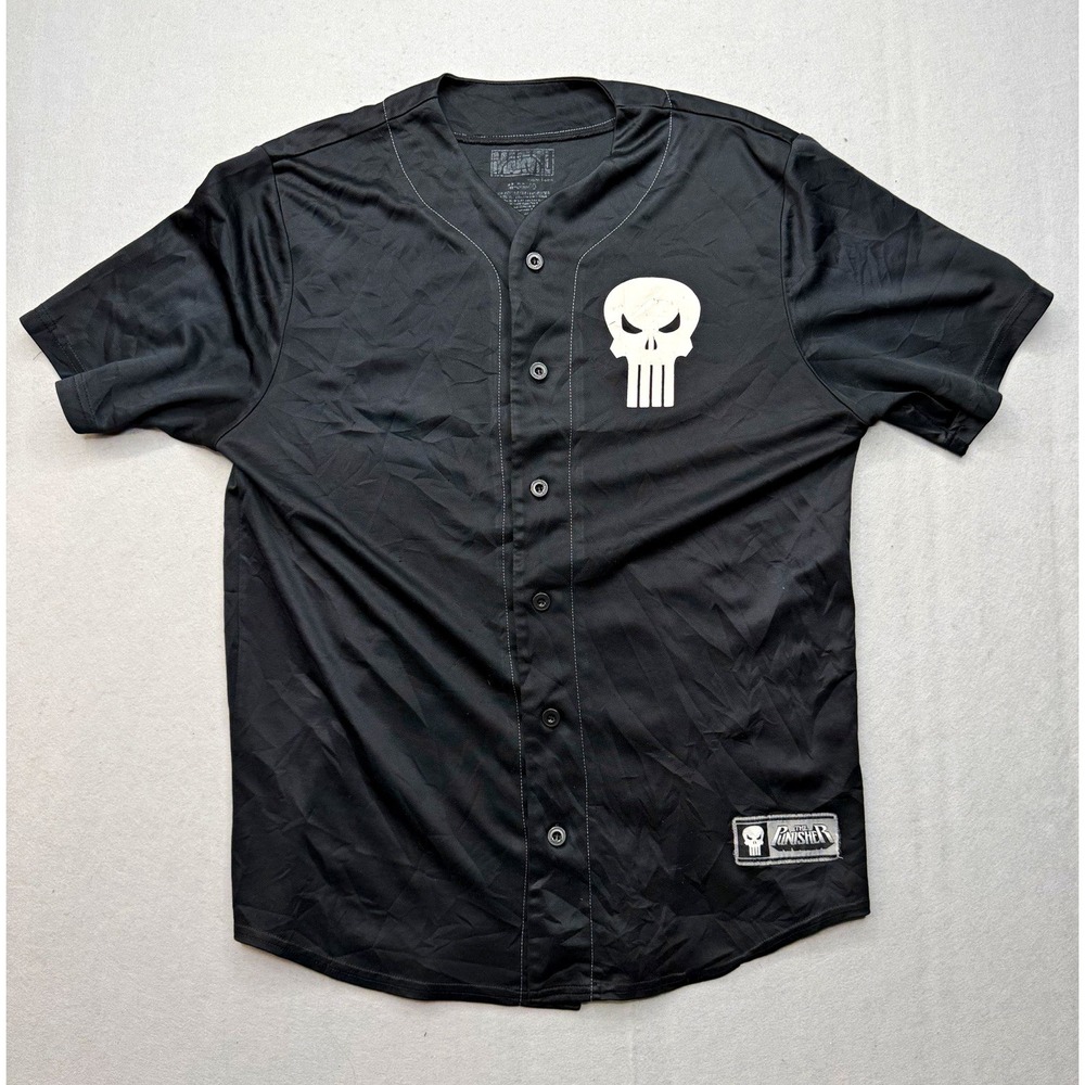 Marvel The Punisher 74 Baseball Jersey Mens M Medium Black Button Shirt
